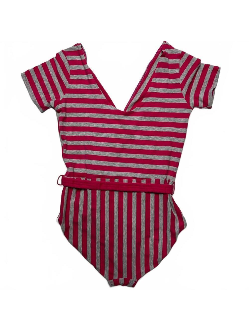 Vtg 80s Playboy Playmate Striped Bodysuit Large Belted Plunge V Neck Leotard - Picture 2 of 8